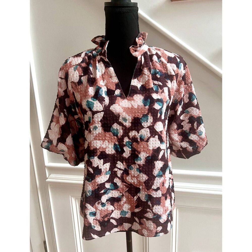 Woman’s THML Brown, Orange, Teal print blouse Size XS